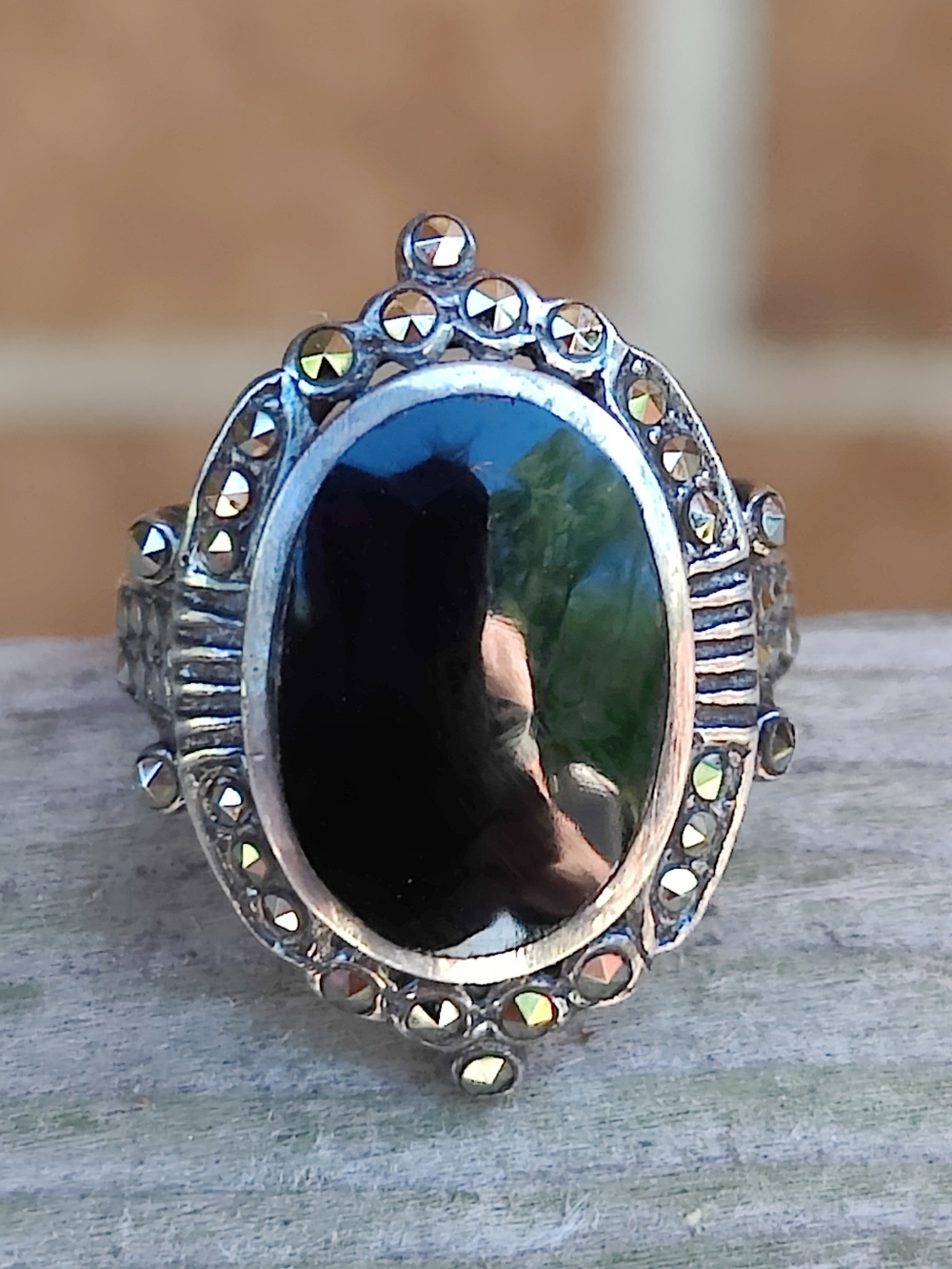Vintage Sterling Black Onyx And Marcasite Ring - Picture 2 of 8